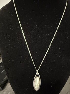 Sterling & Oval White Jade Pendant Necklace - Silver